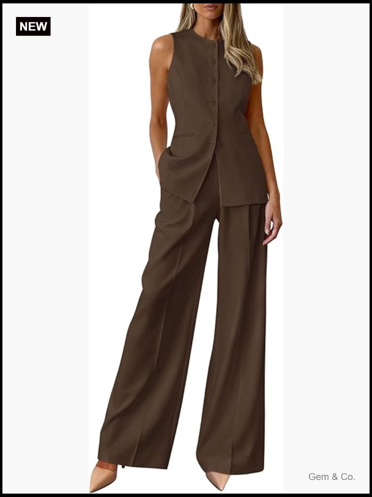 Business Sleeveless Blazer Vest & Wide Leg Pants Suit Set 2 Piece
